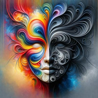 The primary subject of the image is a painting of a face, featuring a woman with a colorful and artistic design. The face is depicted in two different colors, creating a visually striking contrast. The setting is a canvas, and the visual style is a painting, showcasing the artist's skill in creating a vibrant and unique piece of art. The colors and mood of the painting are lively and energetic, with the use of various colors and patterns contributing to the overall atmosphere.